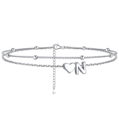  N / Silver Sterling Silver Initial Heart Layered Anklet for Women
