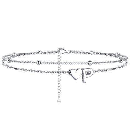  P / Silver Sterling Silver Initial Heart Layered Anklet for Women