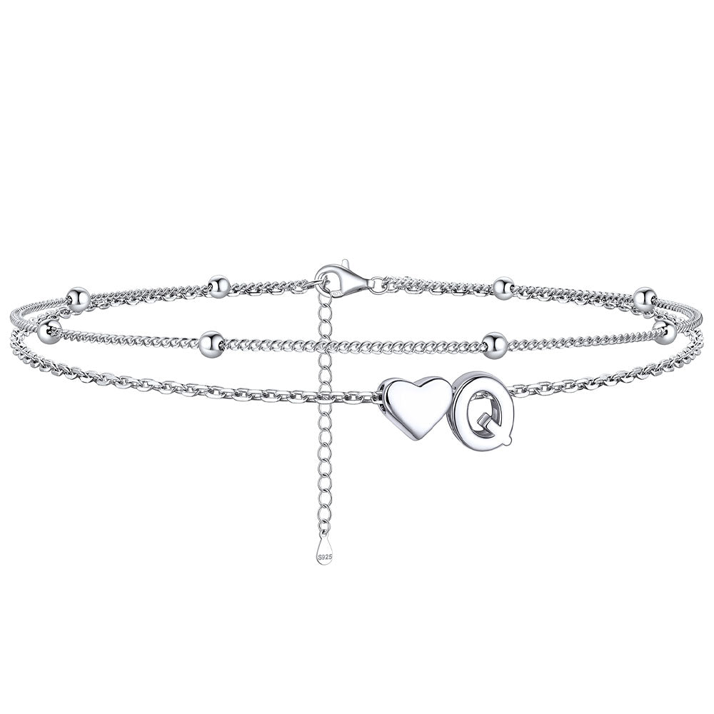  Q / Silver Sterling Silver Initial Heart Layered Anklet for Women