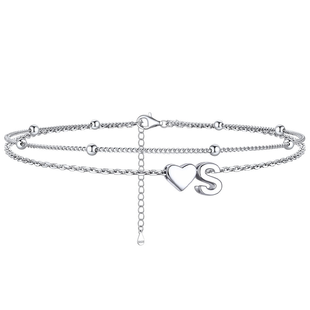  S / Silver Sterling Silver Initial Heart Layered Anklet for Women