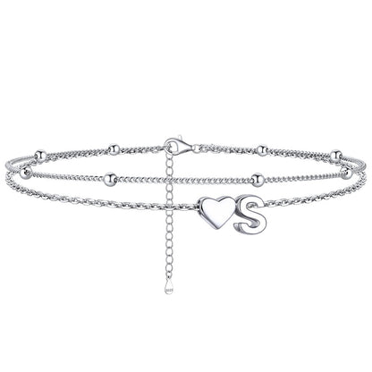  S / Silver Sterling Silver Initial Heart Layered Anklet for Women