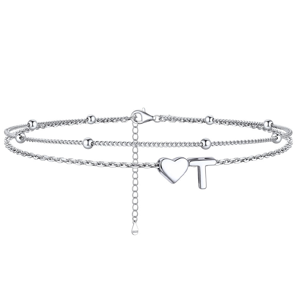  T / Silver Sterling Silver Initial Heart Layered Anklet for Women