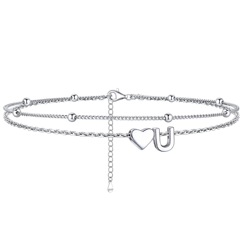  U / Silver Sterling Silver Initial Heart Layered Anklet for Women