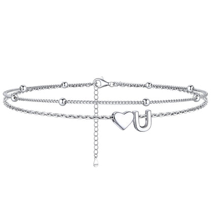  U / Silver Sterling Silver Initial Heart Layered Anklet for Women
