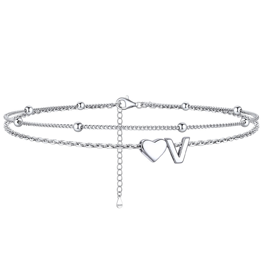  V / Silver Sterling Silver Initial Heart Layered Anklet for Women