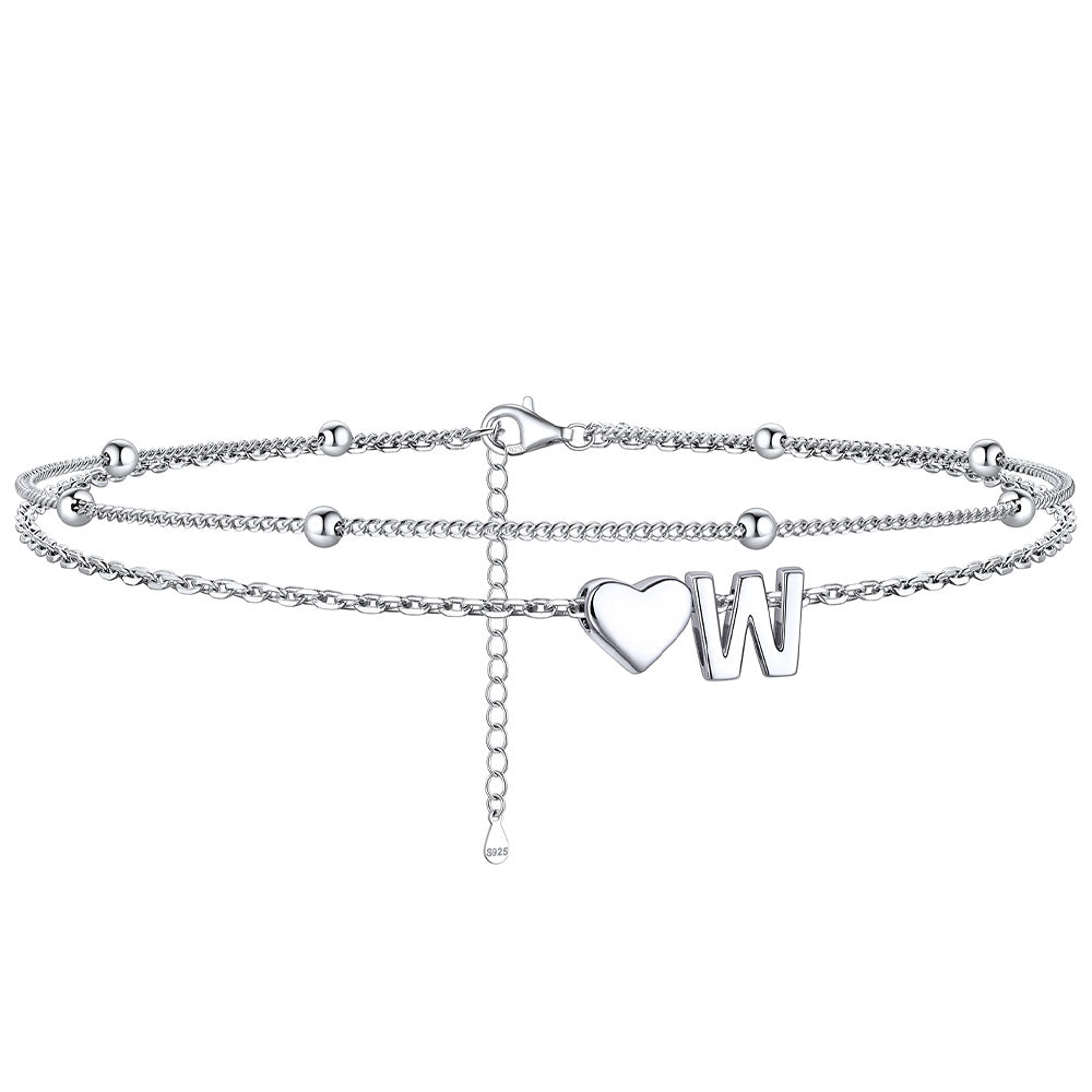  W / Silver Sterling Silver Initial Heart Layered Anklet for Women