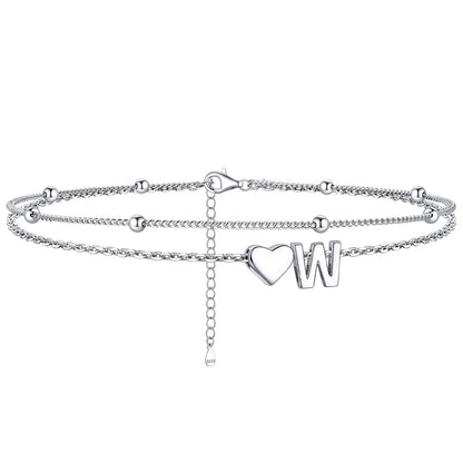  W / Silver Sterling Silver Initial Heart Layered Anklet for Women