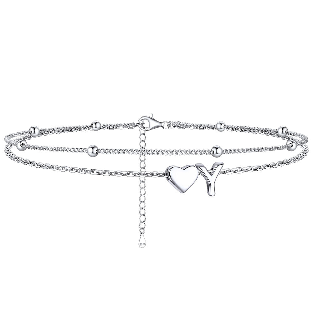  Y / Silver Sterling Silver Initial Heart Layered Anklet for Women