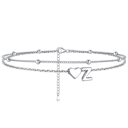  Z / Silver Sterling Silver Initial Heart Layered Anklet for Women