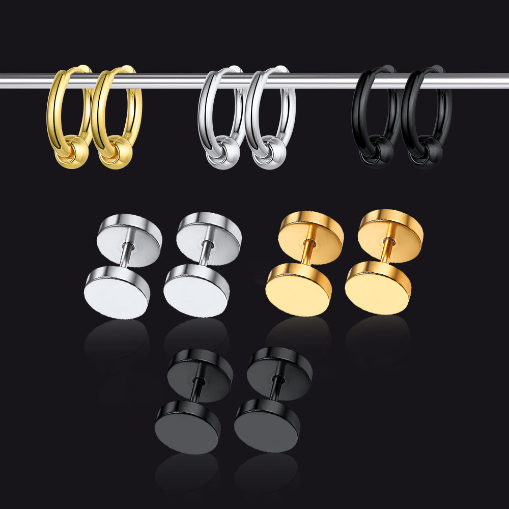 FaithHeart Punk Hoop & Round Plug Stud Earrings 3 Pairs Set FaithHeart Jewelry
