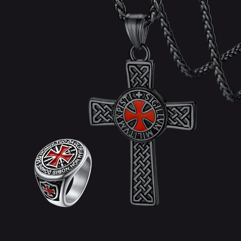 FaithHeart Set Of Red Knight Templar Cross Necklace Ring FaithHeart Jewelry