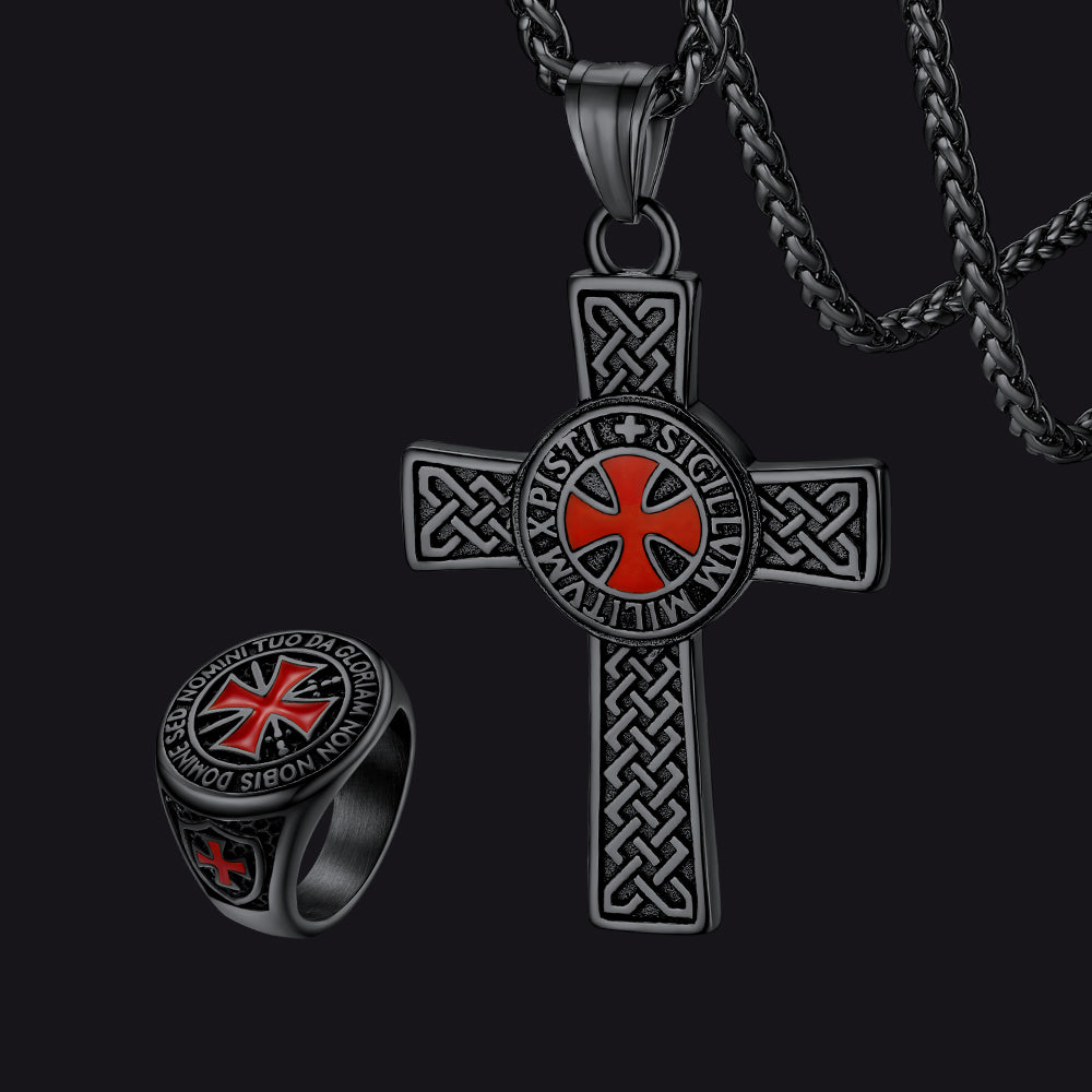 FaithHeart Set Of Red Knight Templar Cross Necklace Ring FaithHeart Jewelry