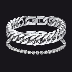 Silver 12MM Chunky Cuban Chain Bracelet &  3MM CZ Tennis Chain Bracelet Set for Men