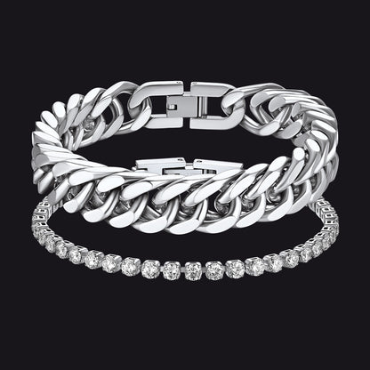 Silver chain bracelet with a diamond-studded band on a black background