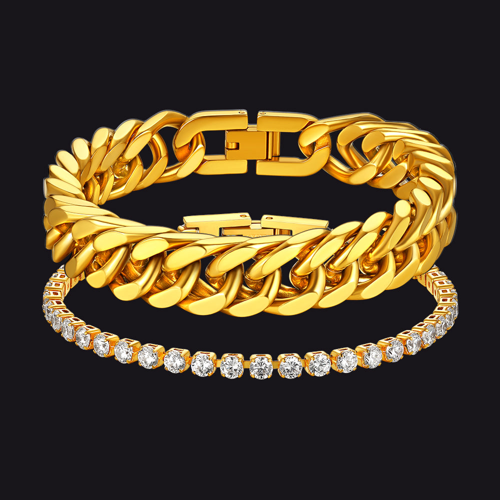 Gold chain bracelet with a diamond-studded bracelet on a black background