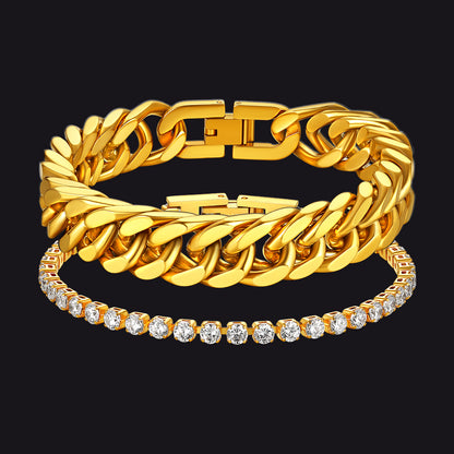 Gold chain bracelet with a diamond-studded bracelet on a black background