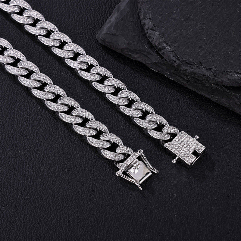 12MM Hip Hop CZ Cuban Link Chain Necklace with Cross Charms for Men