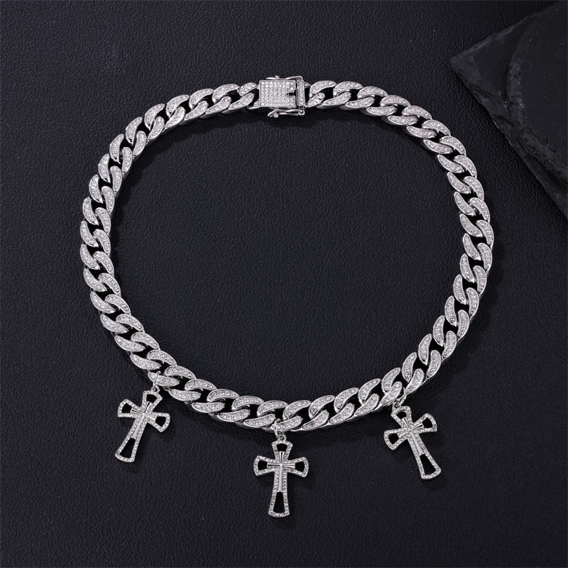 12MM Hip Hop CZ Cuban Link Chain Necklace with Cross Charms for Men