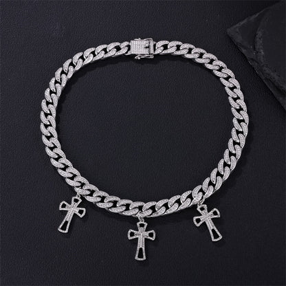 12MM Hip Hop CZ Cuban Link Chain Necklace with Cross Charms for Men
