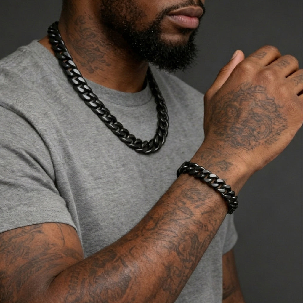 12mm Width Bold Cuban Chain & Bracelet Set for Men