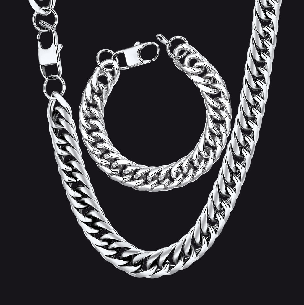 12mm Width Bold Cuban Chain & Bracelet Set for Men