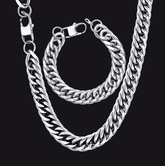 12mm Width Bold Cuban Chain & Bracelet Set for Menimg