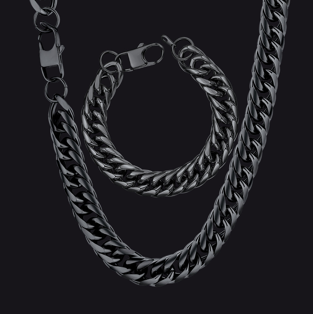 12mm Width Bold Cuban Chain & Bracelet Set for Men
