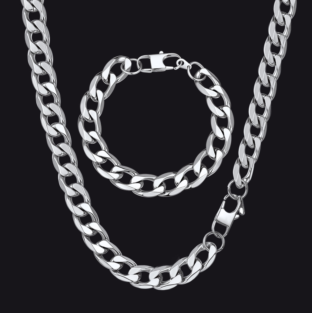 13mm Cuban Link Curb Chain & Bracelet Bundle Set for Men Boyfriend