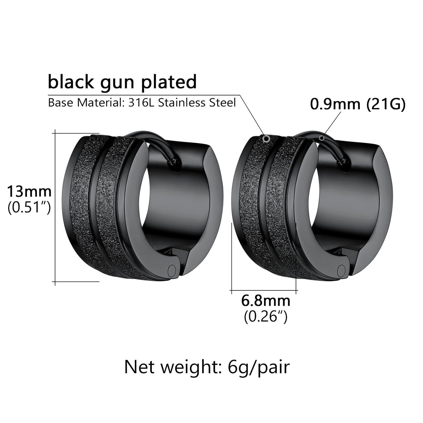 13mm Thick Matte Huggie Hoop Earrings for Men Women