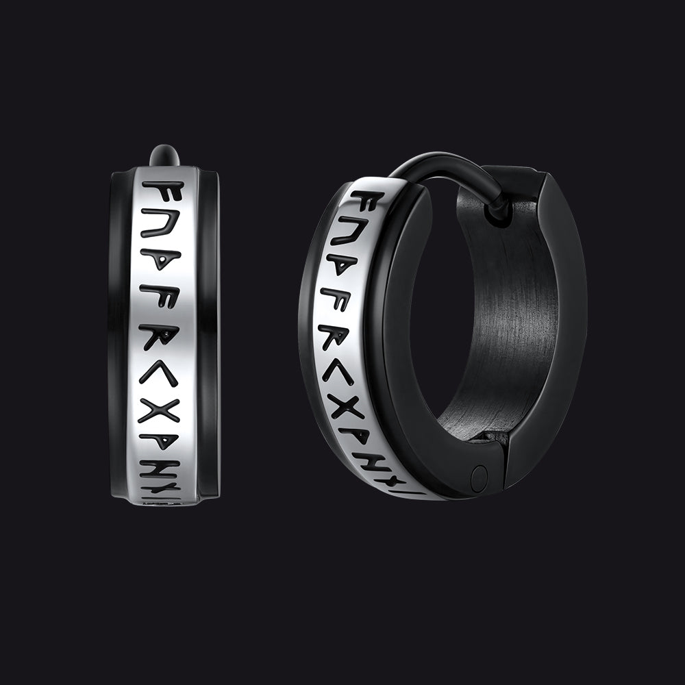 Hoop earrings with a Viking rune on a black background