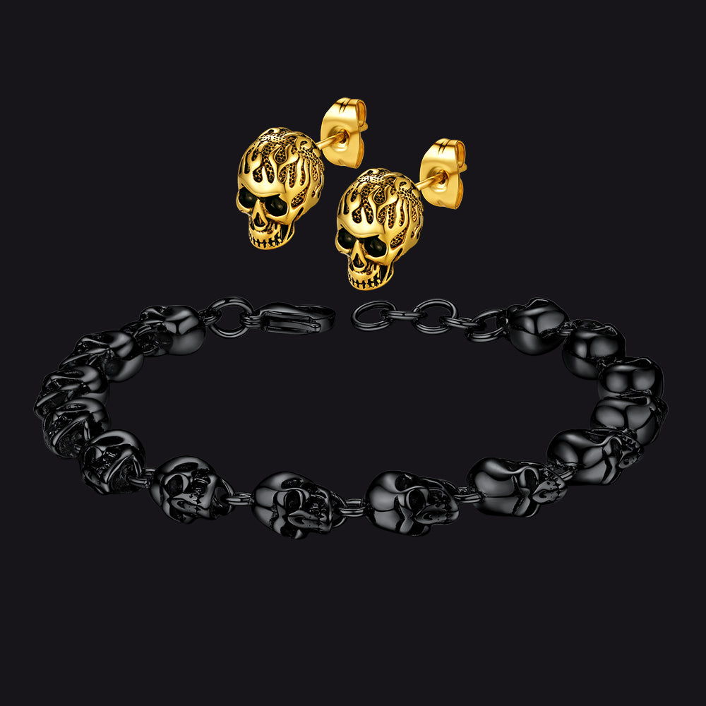 FaithHeart Set Of Gothic Flaming Skull Bracelet Earrings FaithHeart Jewelry