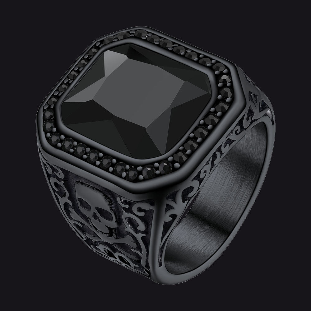 FaithHeart Black Onyx Stone Signet Ring with Skull for Men FaithHeart