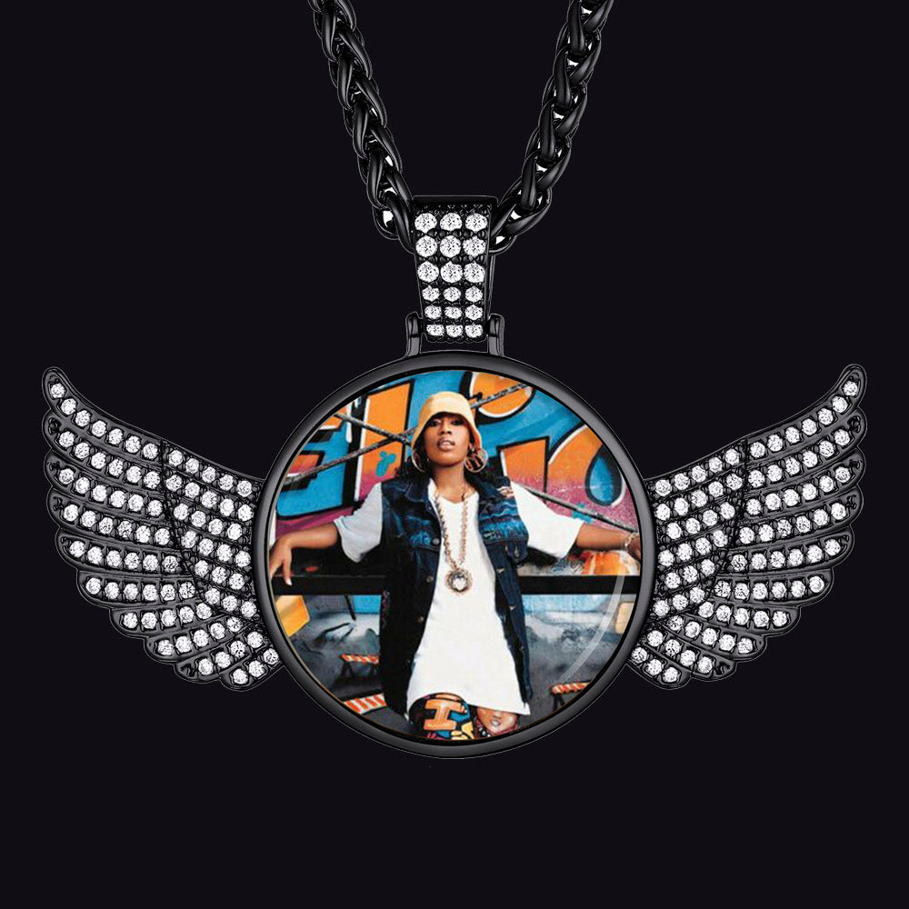 FaithHeart Angel Wings Zirconia Round Pendant Hip Hop Jewelry Picture Necklace FaithHeart