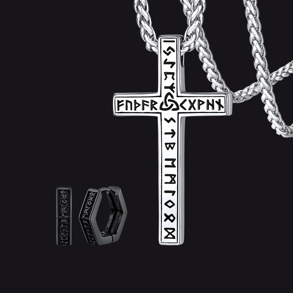 FaithHeart Norse Viking Runes Cross Necklace Hexagon Earrings Set FaithHeart Jewelry