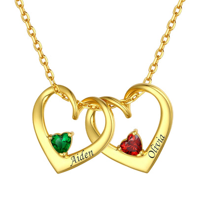 2 Heart Birthstone Necklace Gold