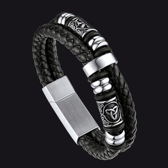 FaithHeart Viking Black Leather Braided Wristband Bracelet for Men FaithHeart