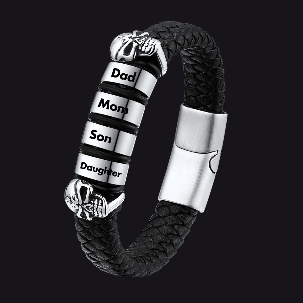 Father's Day Gift-Personalised Black Name Beads Leather Bracelet with Skull for Dad FaithHeart Jewelryimg