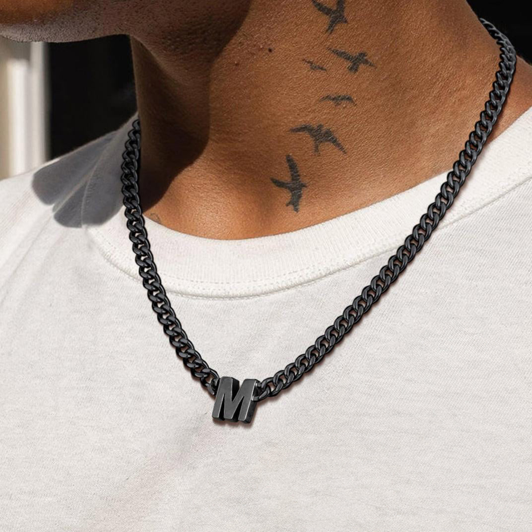 Black Initial Letter Cuban Link Chain Necklace for Men