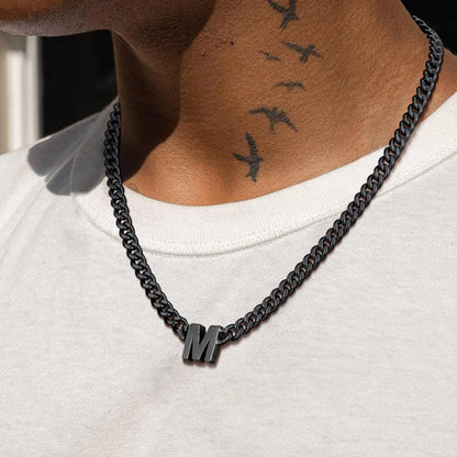 Black Initial Letter Cuban Link Chain Necklace for Men
