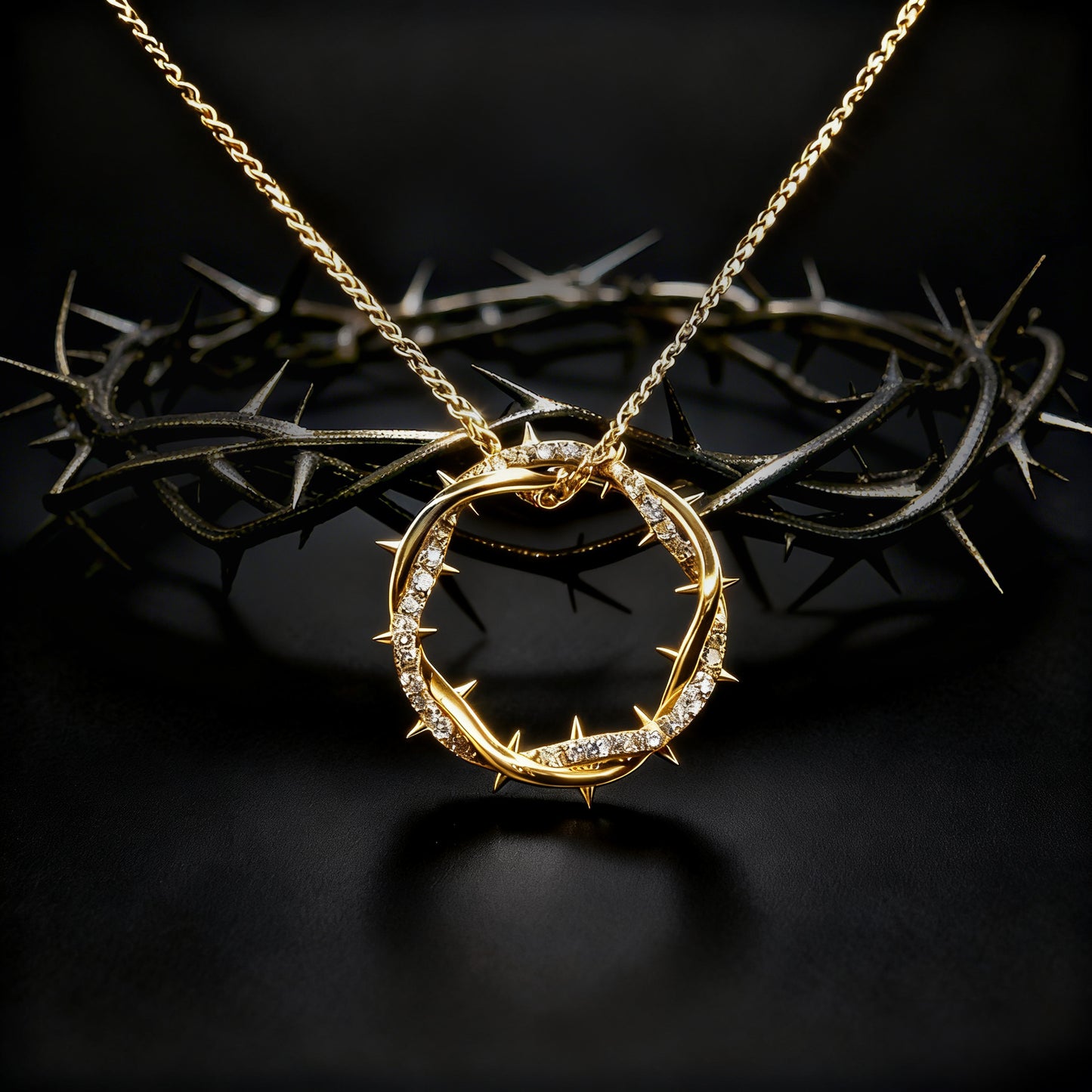 Gold Crown Of Thorns Pendant necklace with a circular pendant on a dark background