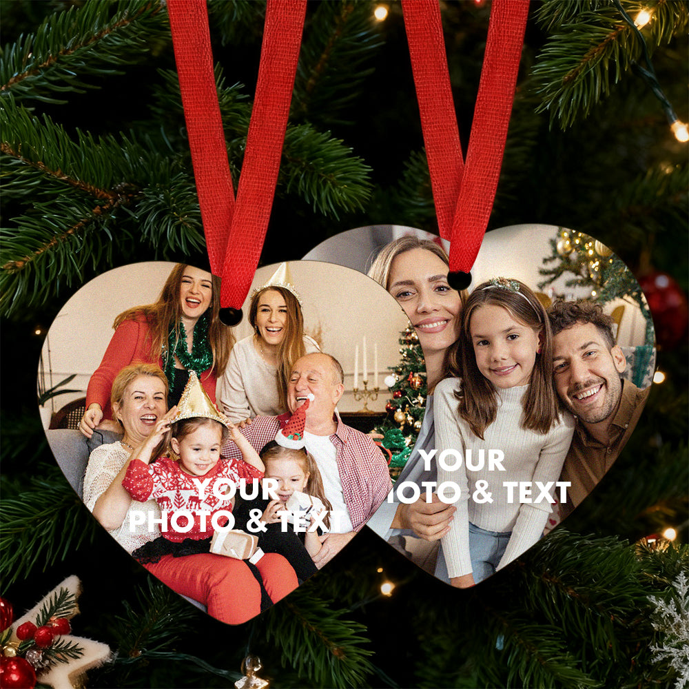 Personalized Heart Christmas ornament with family 2 photo and customizable text on a decorated tree background