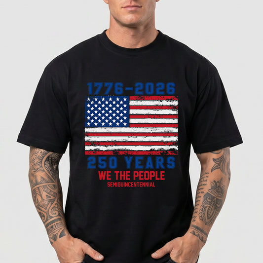 Person wearing a black t-shirt with American flag design and text on a white backgroundimg