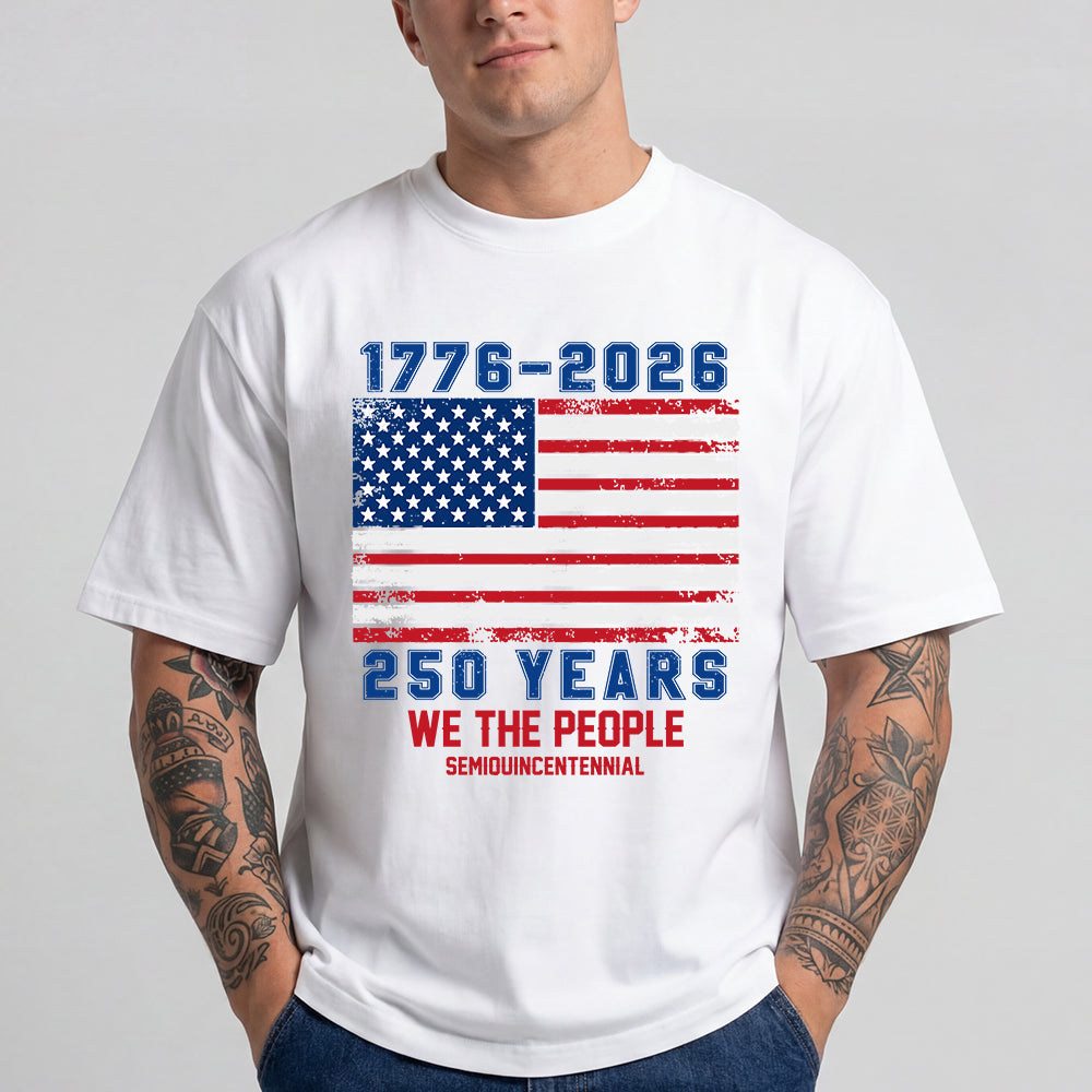 White t-shirt with American flag design celebrating 250 years of 'We the People' on a gray background