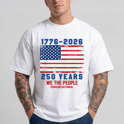 White t-shirt with American flag design celebrating 250 years of 'We the People' on a gray background