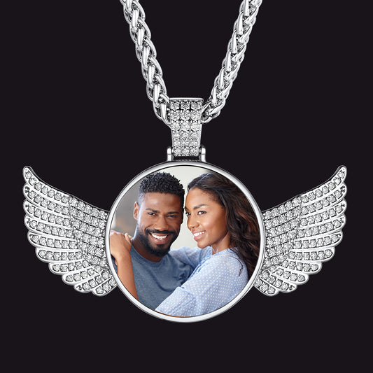 custom picture angel wing necklace with a photo of a couple on a black backgroundimg
