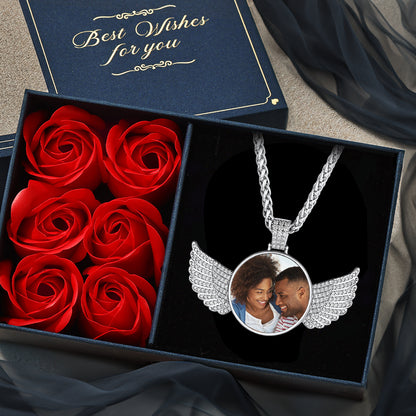 Customized Picture Circle Chain Necklace with Angel Wing Memorial Gift for Men Women