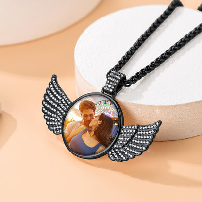 FaithHeart Angel Wings Zirconia Round Pendant Hip Hop Jewelry Picture Necklace FaithHeart