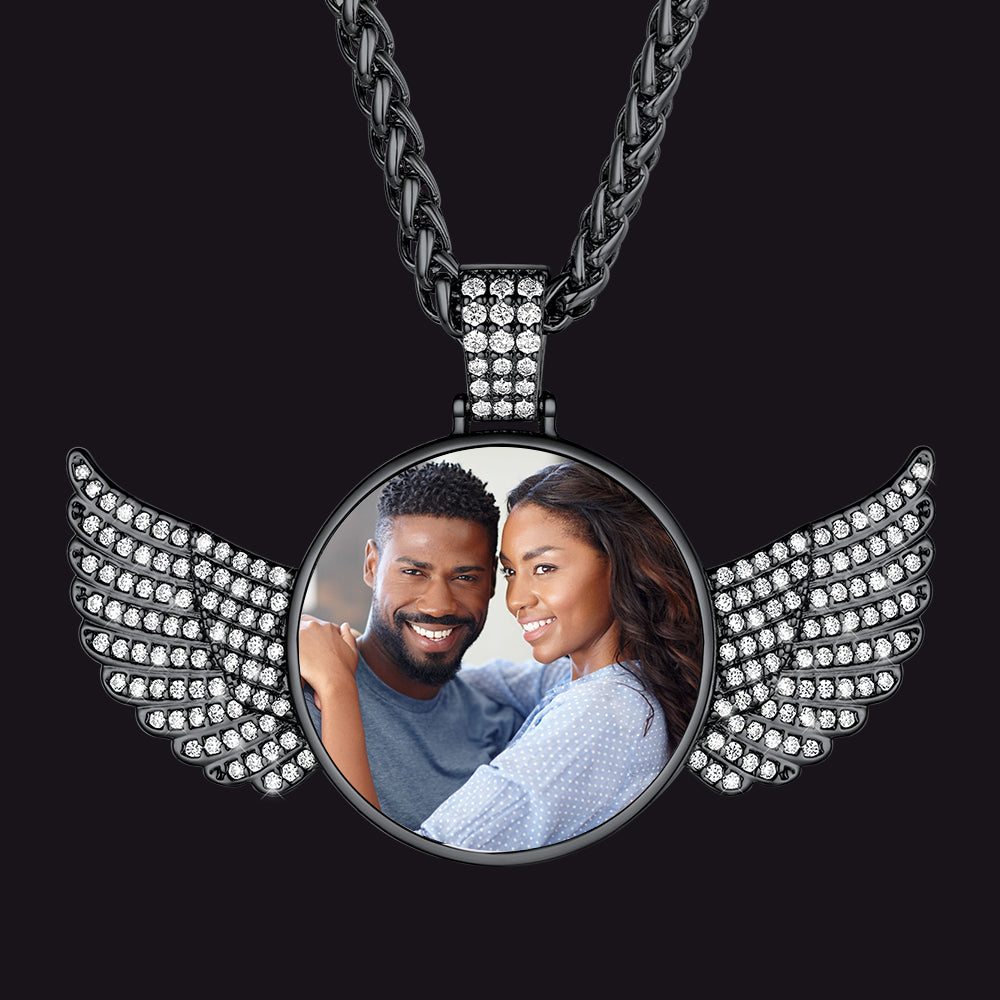 Customized Picture Circle Chain Necklace with Angel Wing Memorial Gift for Men Women