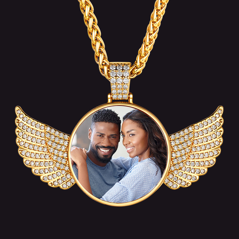 Customized Picture Circle Chain Necklace with Angel Wing Memorial Gift for Men Women