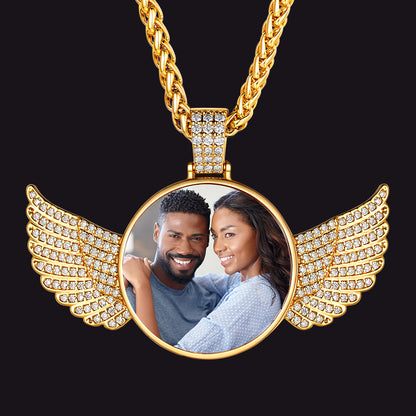 Customized Picture Circle Chain Necklace with Angel Wing Memorial Gift for Men Women